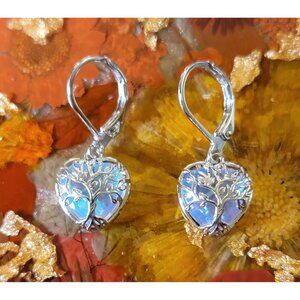 Sterling Silver Tree of Life Moonstone Style Heart Dangle Earrings NWT